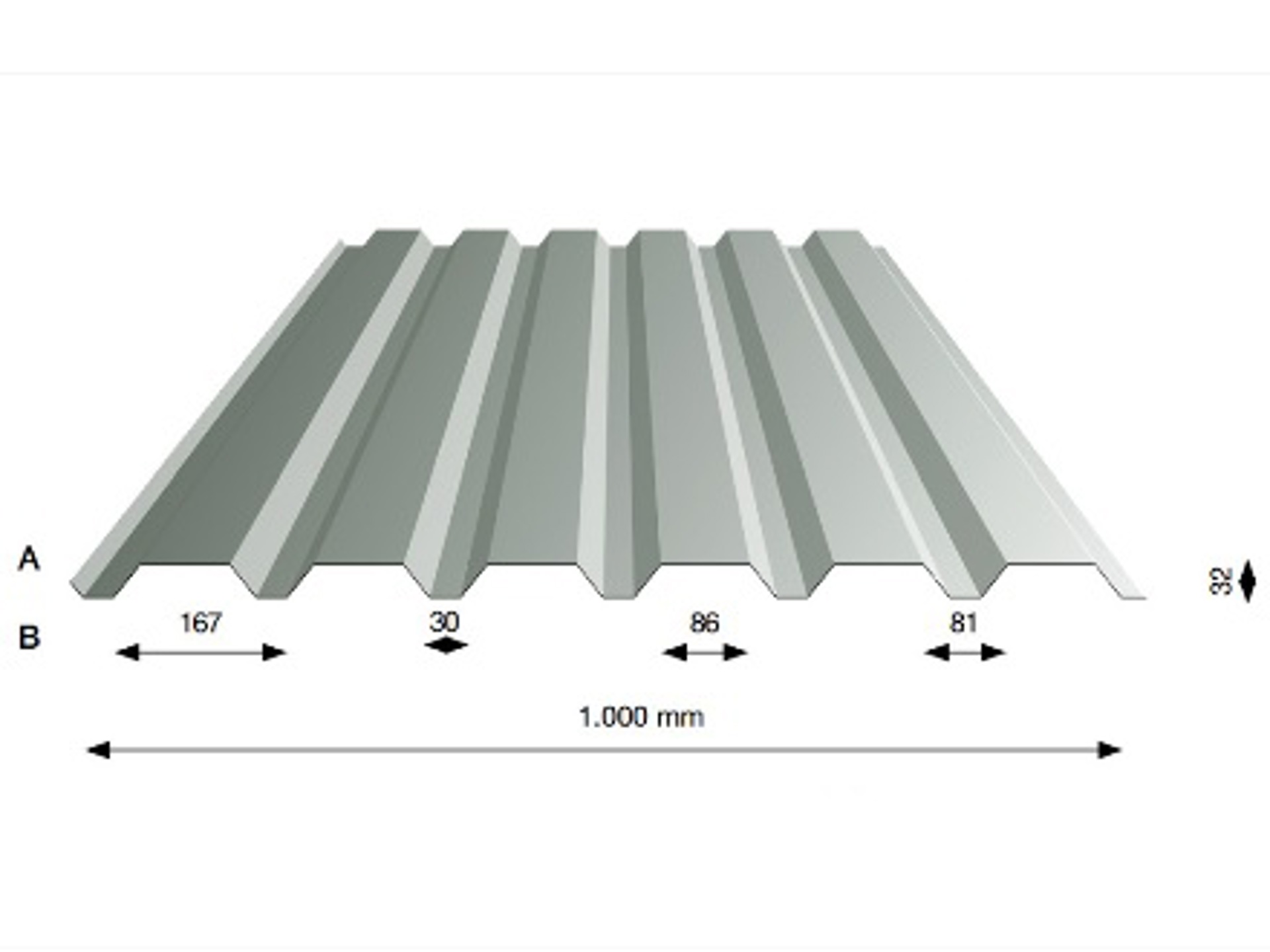 Stålplade trapez type 32/1000W → Køb trapezplader i stål her